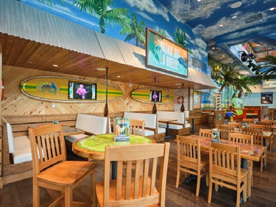 Restaurant interior with light colored wood